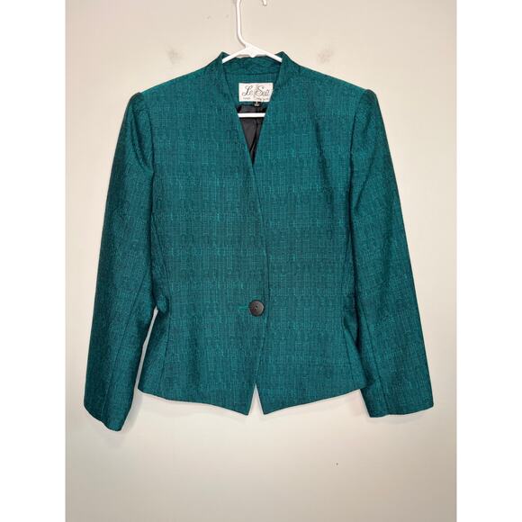 1980s Le Suit Teal Green Tweed Jewel Tones Business Office Corporate Blazer M - Picture 1 of 4